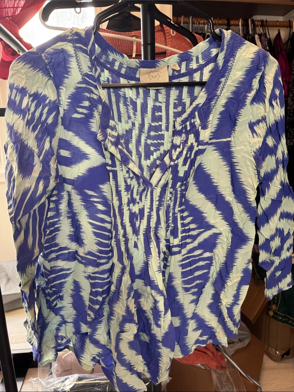 Anthropologie Vanessa Virginia V-Neck Blue and Mint Patterned Blouse